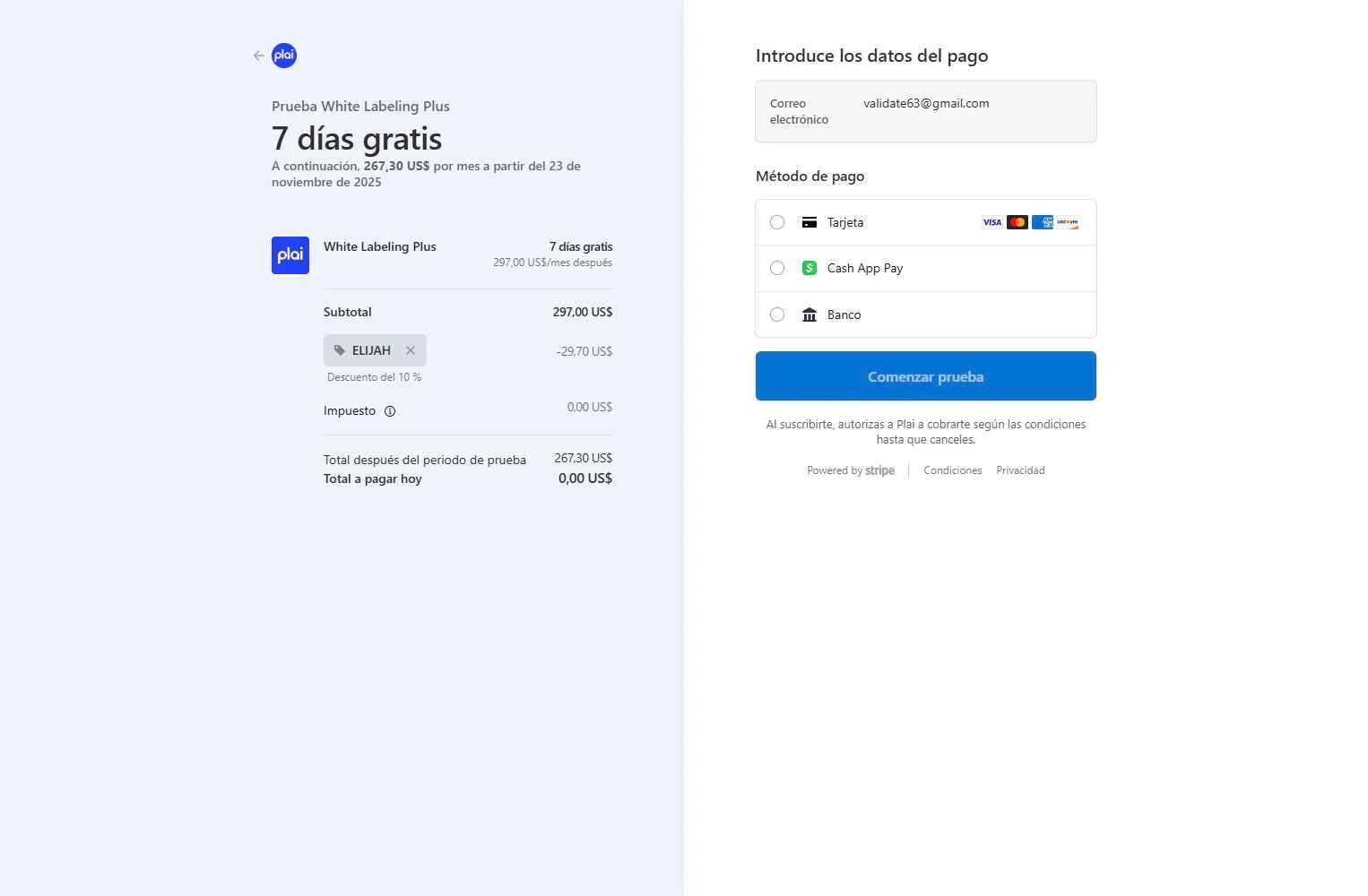 Plai checkout page showing Plai promo code box | Screenshot taken by SimplyCodes community member on Nov 16, 2025