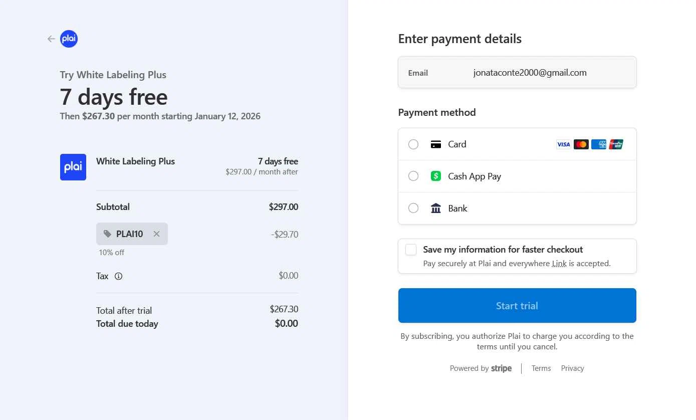 Plai checkout page showing Plai promo code box | Screenshot taken by SimplyCodes community member on Jan 5, 2026