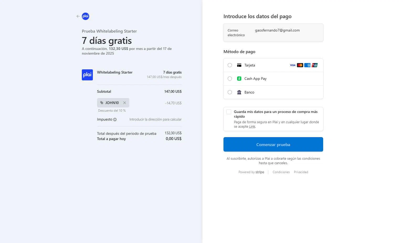 Plai checkout page showing Plai promo code box | Screenshot taken by SimplyCodes community member on Nov 10, 2025