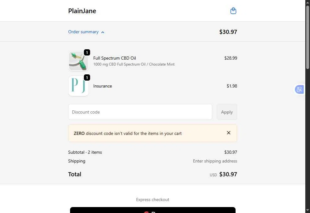 Plain Jane checkout page showing Plain Jane discount code box | Screenshot taken by SimplyCodes community member on Dec 27, 2025