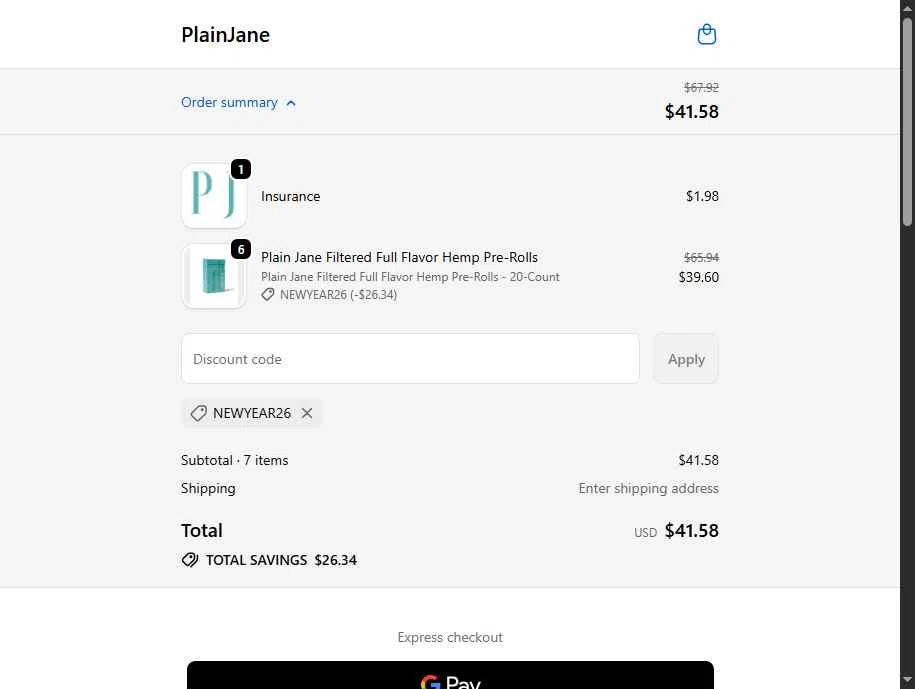 Plain Jane checkout page showing Plain Jane discount code box | Screenshot taken by SimplyCodes community member on Dec 28, 2025