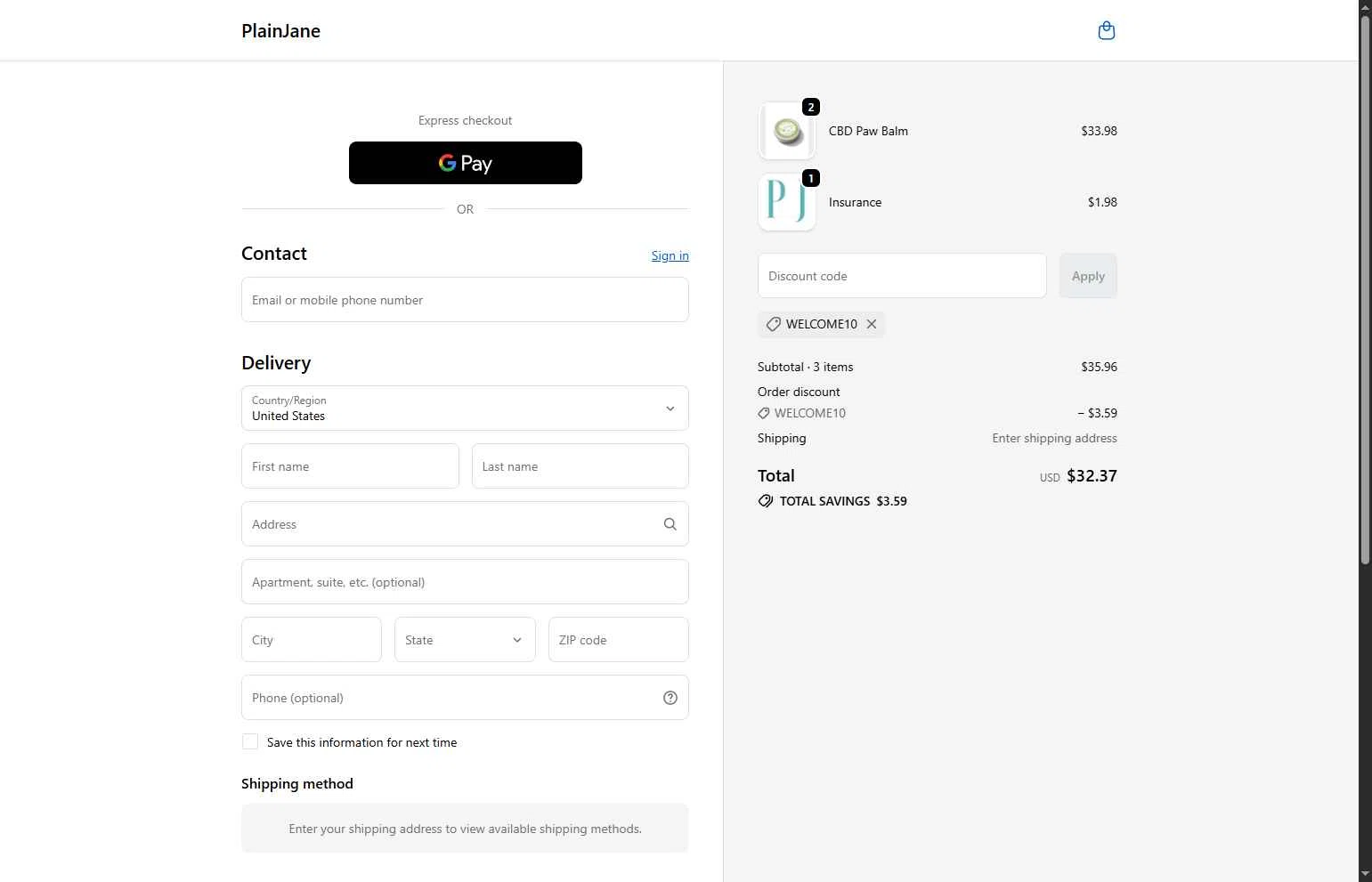 Plain Jane checkout page showing Plain Jane discount code box | Screenshot taken by SimplyCodes community member on Jan 14, 2026