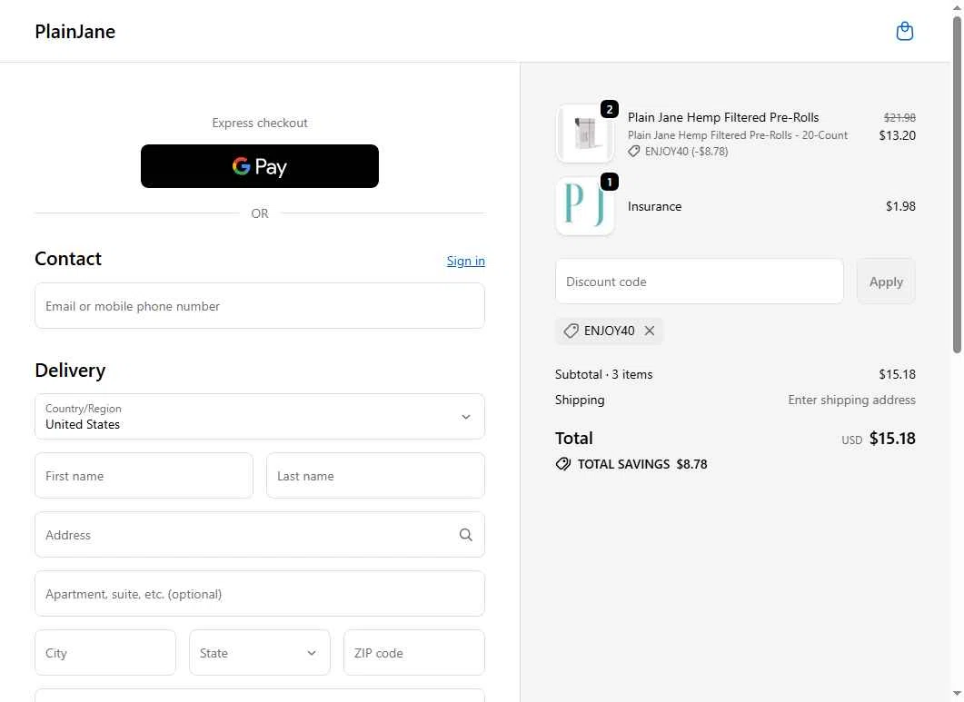 Plain Jane checkout page showing Plain Jane discount code box | Screenshot taken by SimplyCodes community member on Dec 24, 2025