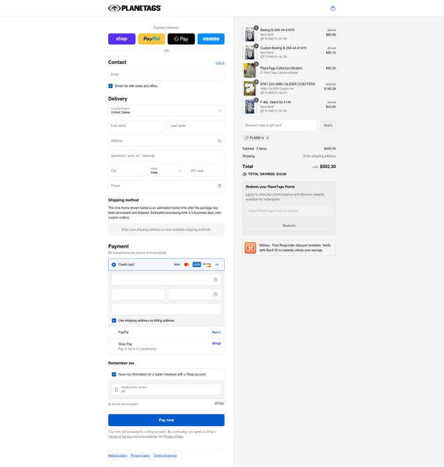 PlaneTags checkout page showing PlaneTags discount code box | Screenshot taken by SimplyCodes community member on Sep 8, 2025