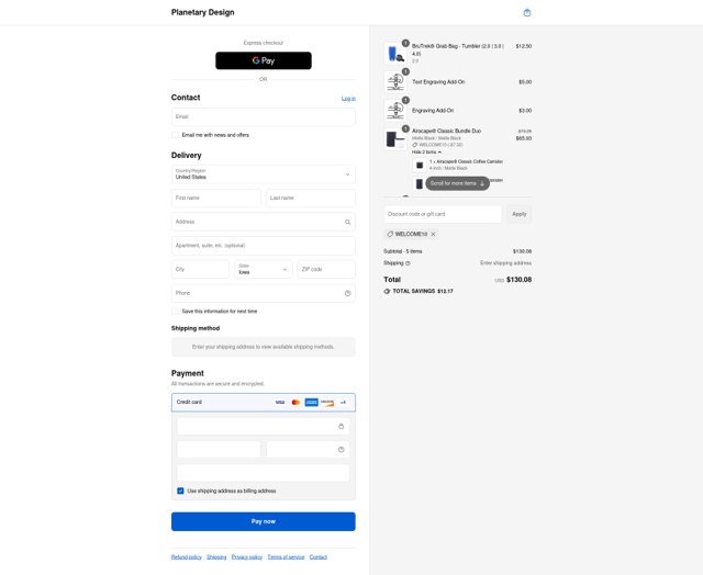 Planetary Design checkout page showing Planetary Design promo code box | Screenshot taken by SimplyCodes community member on Aug 28, 2025