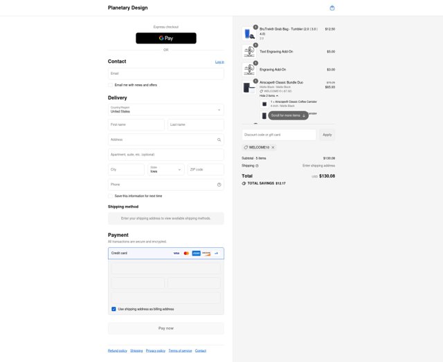 Planetary Design checkout page showing Planetary Design promo code box | Screenshot taken by SimplyCodes community member on Sep 5, 2025