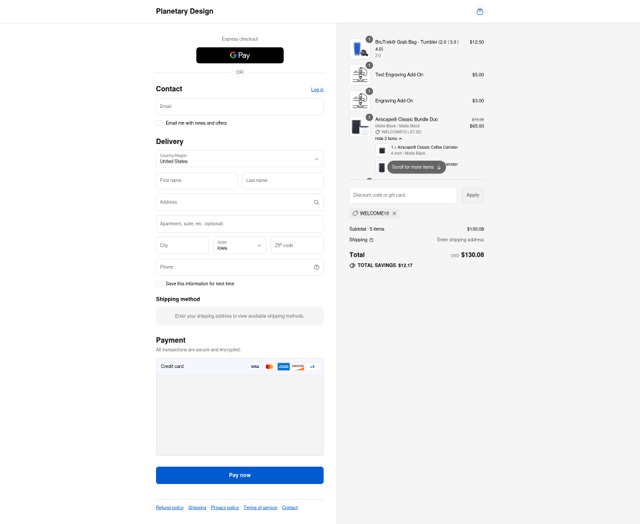 Planetary Design checkout page showing Planetary Design promo code box | Screenshot taken by SimplyCodes community member on Aug 24, 2025