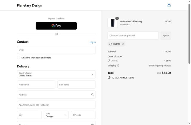 Planetary Design checkout page showing Planetary Design promo code box | Screenshot taken by SimplyCodes community member on Aug 26, 2025