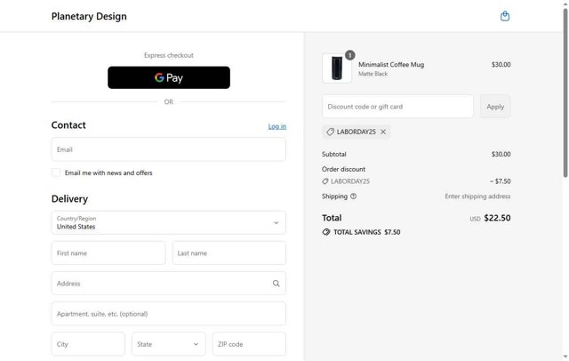Planetary Design checkout page showing Planetary Design promo code box | Screenshot taken by SimplyCodes community member on Aug 30, 2025