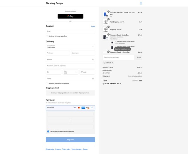 Planetary Design checkout page showing Planetary Design promo code box | Screenshot taken by SimplyCodes community member on Sep 1, 2025