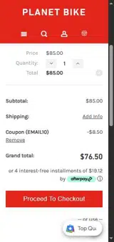Planet Bike coupon verification screenshot