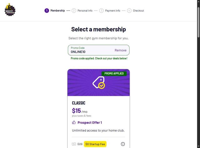 Planet Fitness checkout page showing Planet Fitness promo code box | Screenshot taken by SimplyCodes community member on Aug 24, 2025