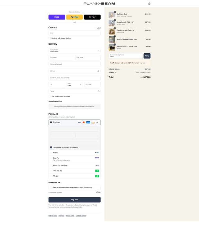Plank+Beam checkout page showing Plank+Beam promo code box | Screenshot taken by SimplyCodes community member on Sep 1, 2025