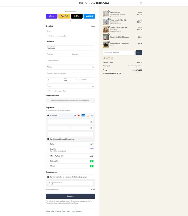 Plank+Beam checkout page showing Plank+Beam promo code box | Screenshot taken by SimplyCodes community member on Sep 6, 2025