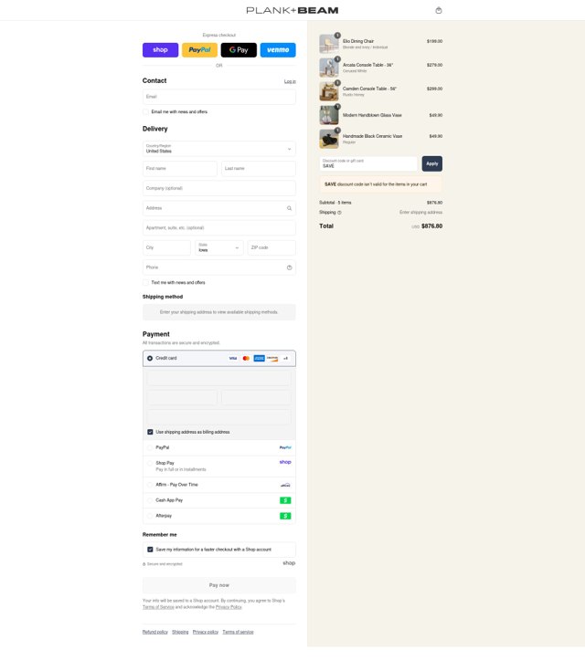 Plank+Beam checkout page showing Plank+Beam promo code box | Screenshot taken by SimplyCodes community member on Sep 6, 2025