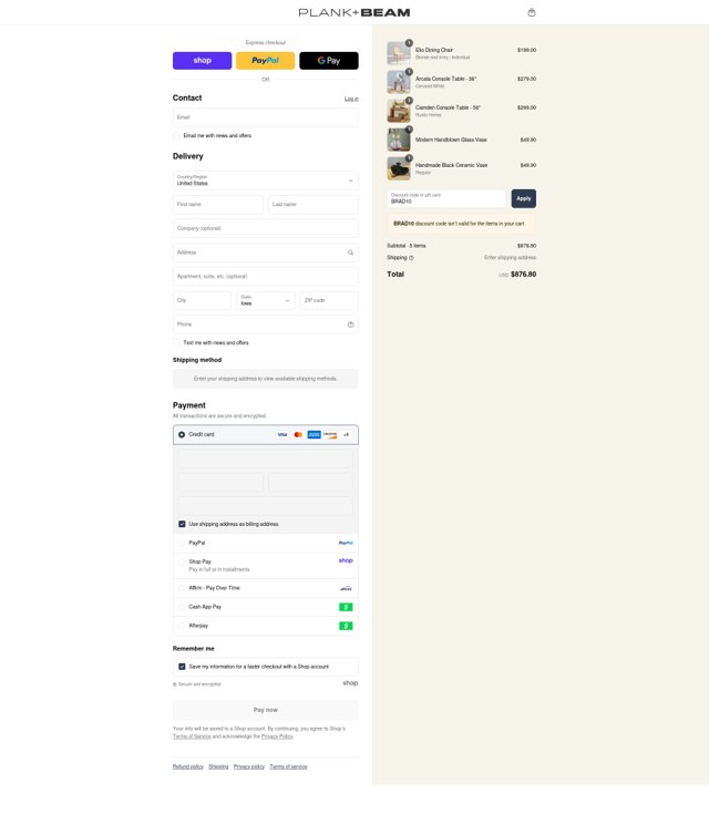 Plank+Beam checkout page showing Plank+Beam promo code box | Screenshot taken by SimplyCodes community member on Sep 1, 2025