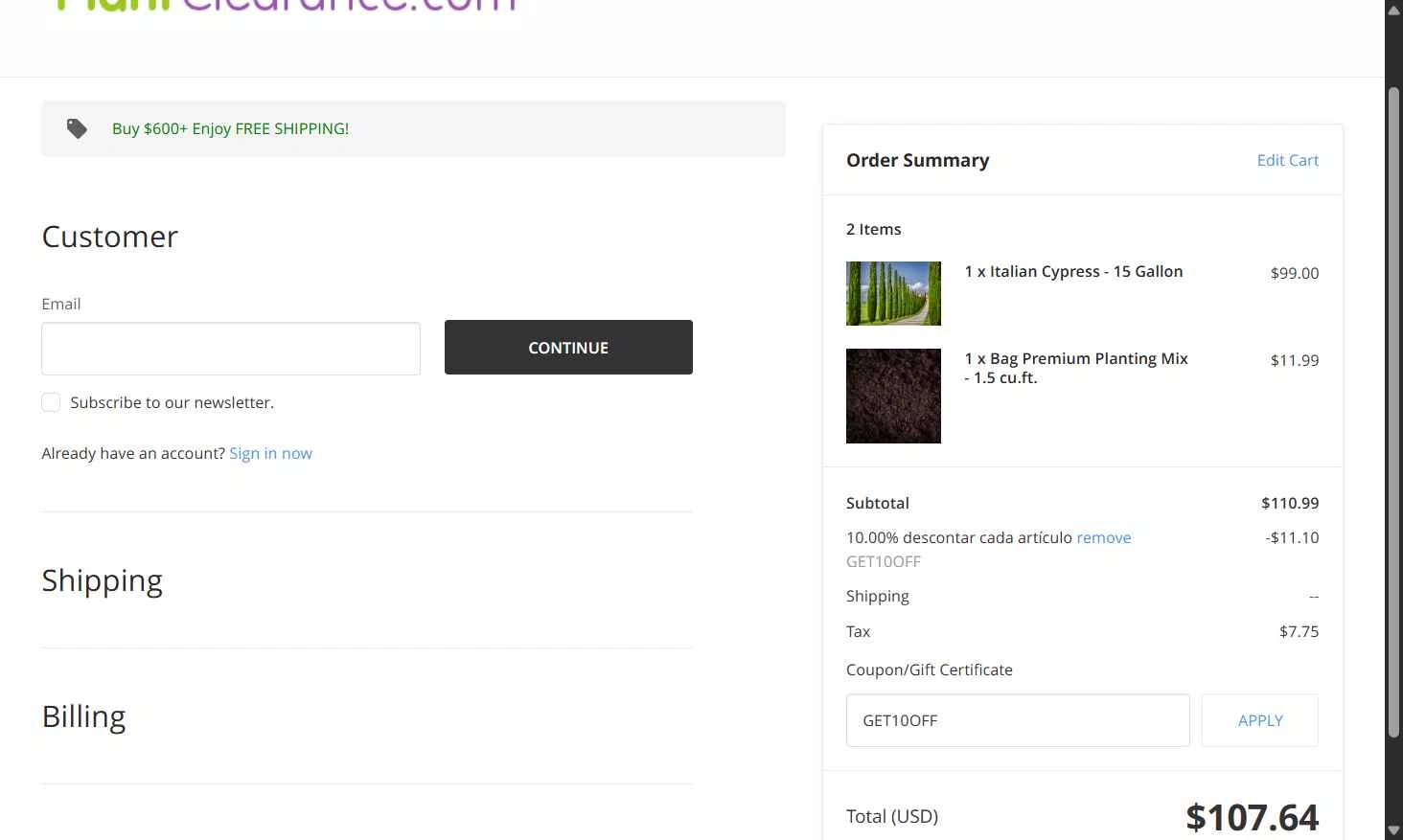 PlantClearance.com checkout page showing PlantClearance.com promo code box | Screenshot taken by SimplyCodes community member on Apr 27, 2025