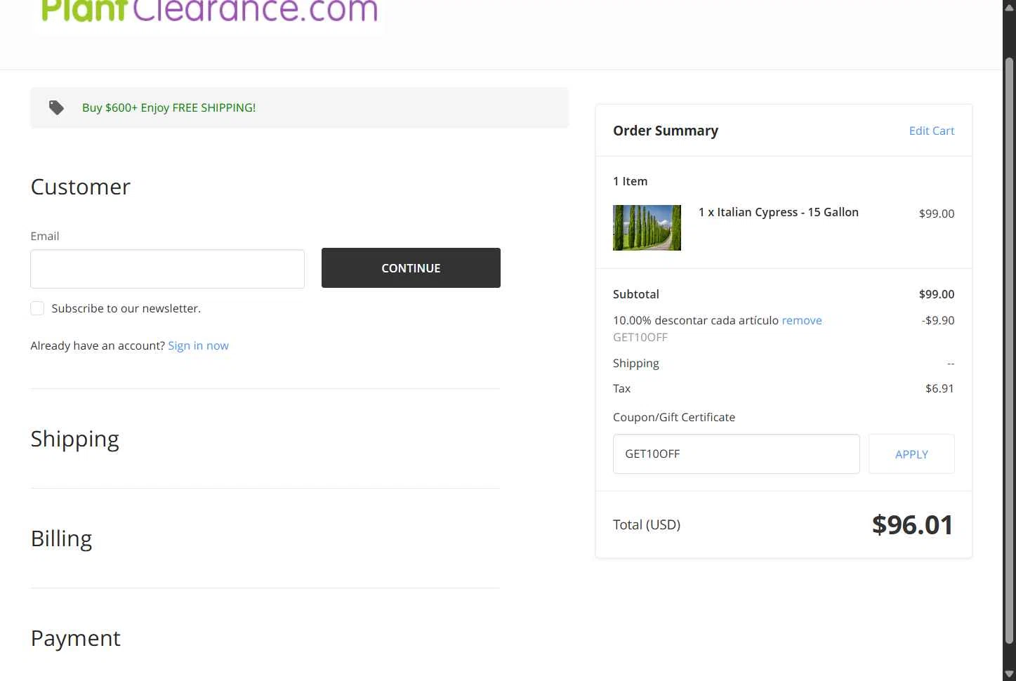 PlantClearance.com checkout page showing PlantClearance.com promo code box | Screenshot taken by SimplyCodes community member on Apr 9, 2025