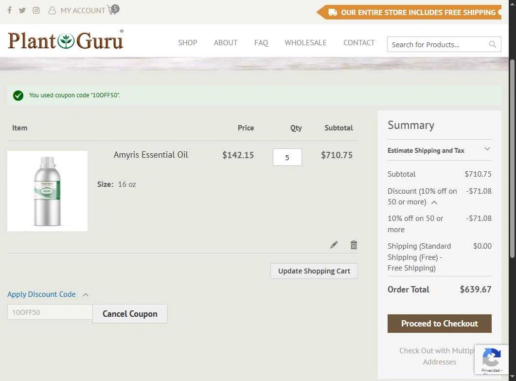 Plant Guru Inc. checkout page showing Plant Guru Inc. promo code box | Screenshot taken by SimplyCodes community member on Jul 15, 2025