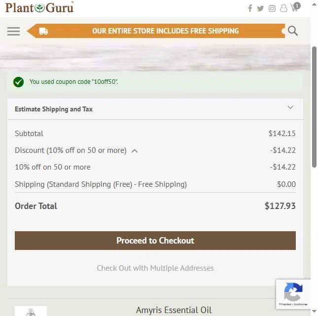 Plant Guru Inc. checkout page showing Plant Guru Inc. promo code box | Screenshot taken by SimplyCodes community member on Jul 15, 2025