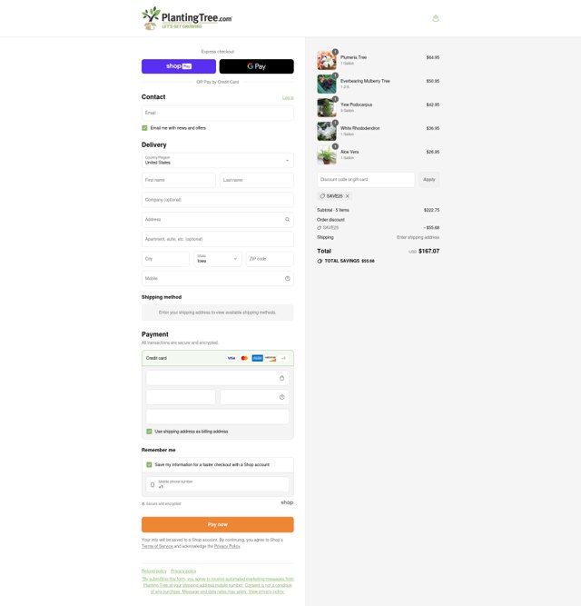Planting Tree checkout page showing Planting Tree discount code box | Screenshot taken by SimplyCodes community member on Aug 12, 2025