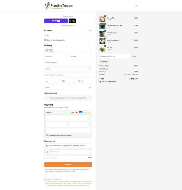 Planting Tree checkout page showing Planting Tree discount code box | Screenshot taken by SimplyCodes community member on Jul 31, 2025