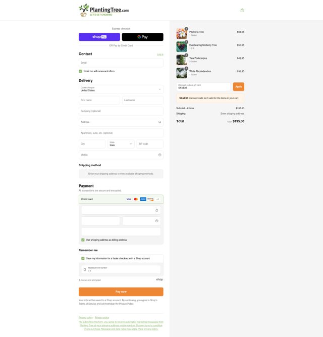 Planting Tree checkout page showing Planting Tree discount code box | Screenshot taken by SimplyCodes community member on Aug 4, 2025