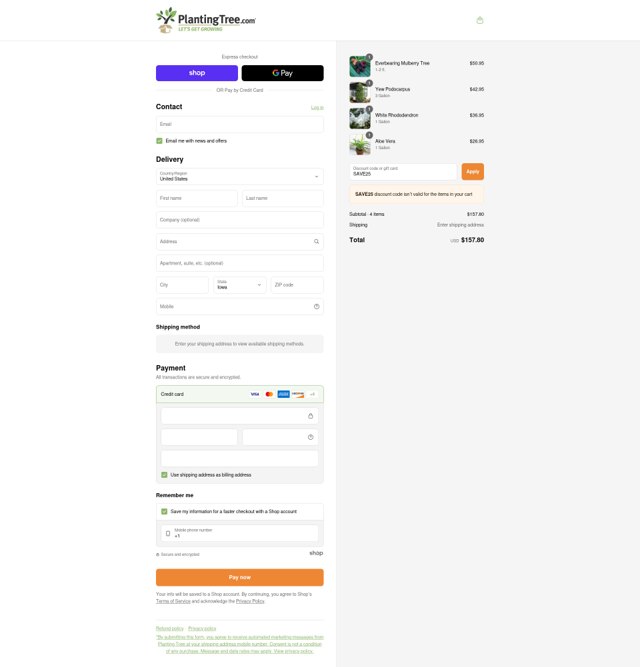 Planting Tree checkout page showing Planting Tree discount code box | Screenshot taken by SimplyCodes community member on Sep 7, 2025