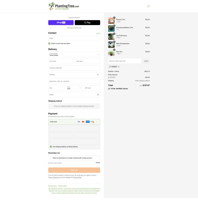 Planting Tree checkout page showing Planting Tree discount code box | Screenshot taken by SimplyCodes community member on Aug 16, 2025