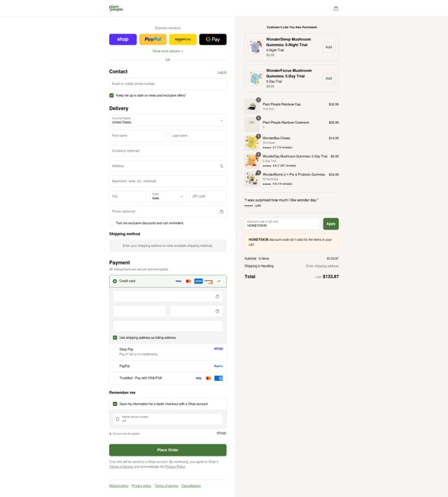 Plant People checkout page showing Plant People discount code box | Screenshot taken by SimplyCodes community member on Sep 5, 2025