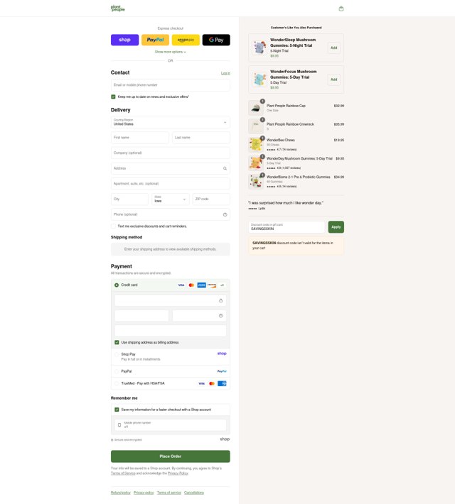 Plant People checkout page showing Plant People discount code box | Screenshot taken by SimplyCodes community member on Sep 5, 2025