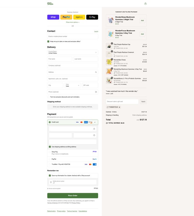 Plant People checkout page showing Plant People discount code box | Screenshot taken by SimplyCodes community member on Sep 5, 2025