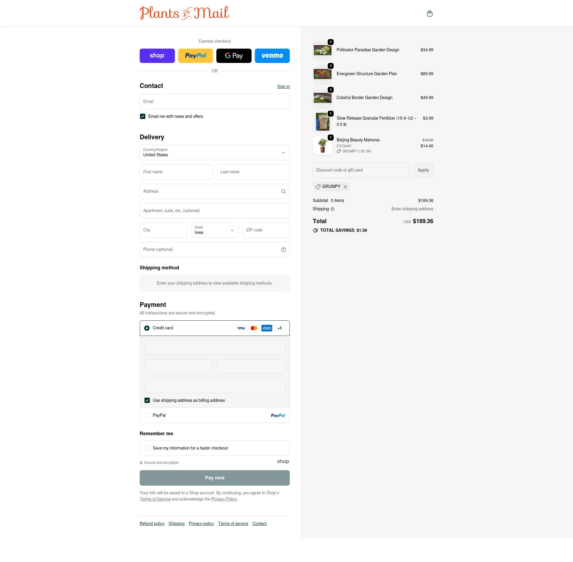 PlantsbyMail.com checkout page showing PlantsbyMail.com promo code box | Screenshot taken by SimplyCodes community member on Dec 14, 2025
