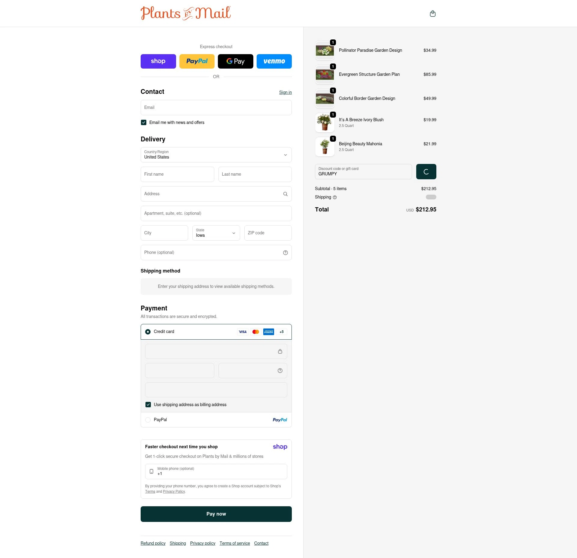 PlantsbyMail.com checkout page showing PlantsbyMail.com promo code box | Screenshot taken by SimplyCodes community member on Jan 11, 2026