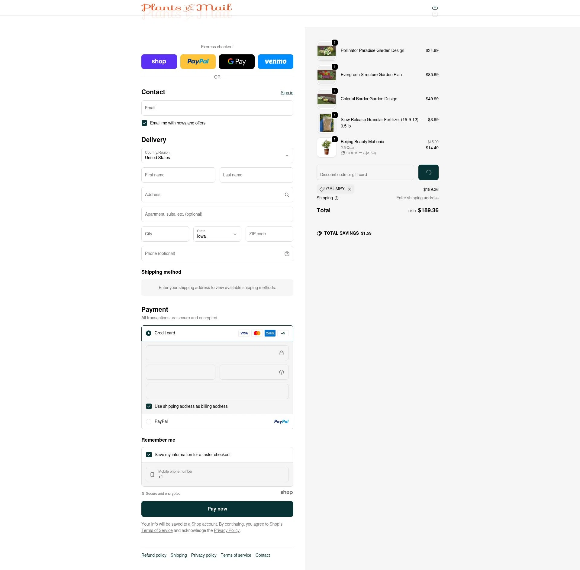 PlantsbyMail.com checkout page showing PlantsbyMail.com promo code box | Screenshot taken by SimplyCodes community member on Dec 26, 2025