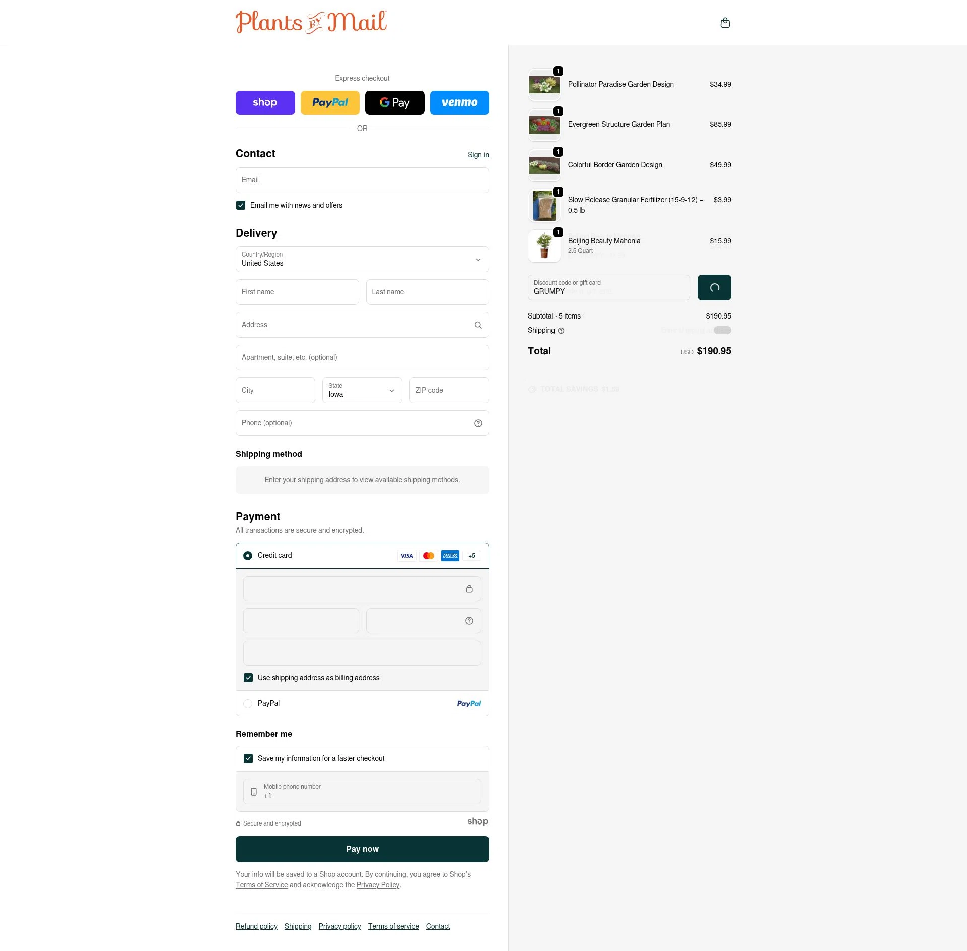 PlantsbyMail.com checkout page showing PlantsbyMail.com promo code box | Screenshot taken by SimplyCodes community member on Dec 31, 2025