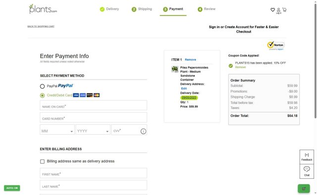 Plants.com checkout page showing Plants.com promo code box | Screenshot taken by SimplyCodes community member on Sep 3, 2025