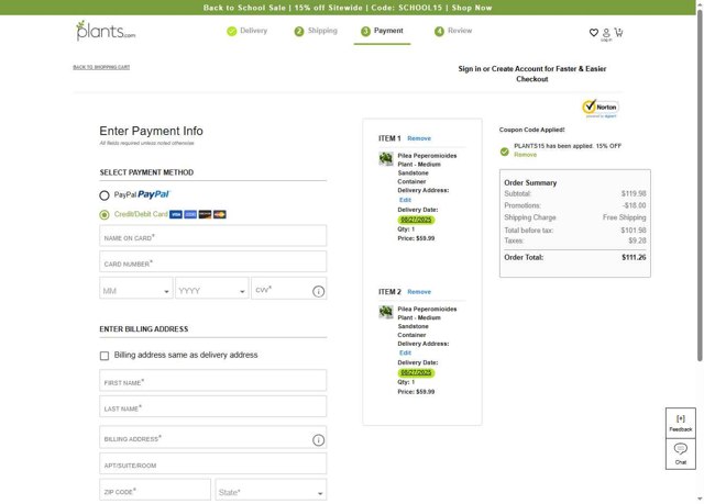 Plants.com checkout page showing Plants.com promo code box | Screenshot taken by SimplyCodes community member on Aug 22, 2025
