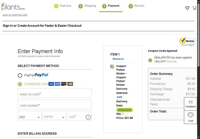 Plants.com checkout page showing Plants.com promo code box | Screenshot taken by SimplyCodes community member on Sep 4, 2025