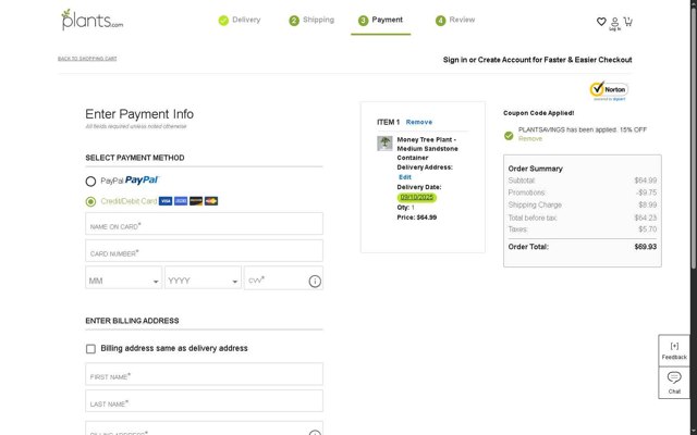 Plants.com checkout page showing Plants.com promo code box | Screenshot taken by SimplyCodes community member on Sep 5, 2025