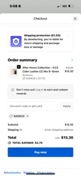SADIE20 coupon verification screenshot
