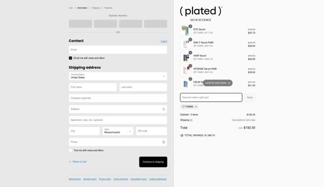 (plated) Skin Science checkout page showing (plated) Skin Science discount code box | Screenshot taken by SimplyCodes community member on Mar 8, 2025