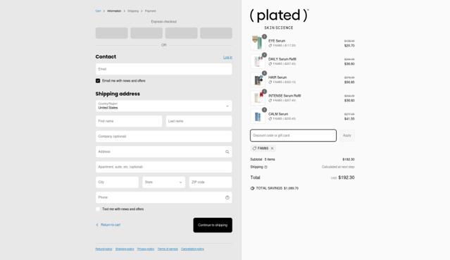 (plated) Skin Science checkout page showing (plated) Skin Science discount code box | Screenshot taken by SimplyCodes community member on Apr 20, 2025