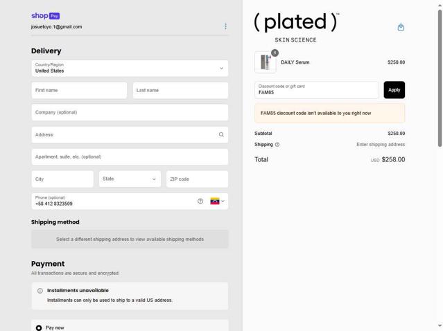 (plated) Skin Science checkout page showing (plated) Skin Science discount code box | Screenshot taken by SimplyCodes community member on Apr 19, 2025