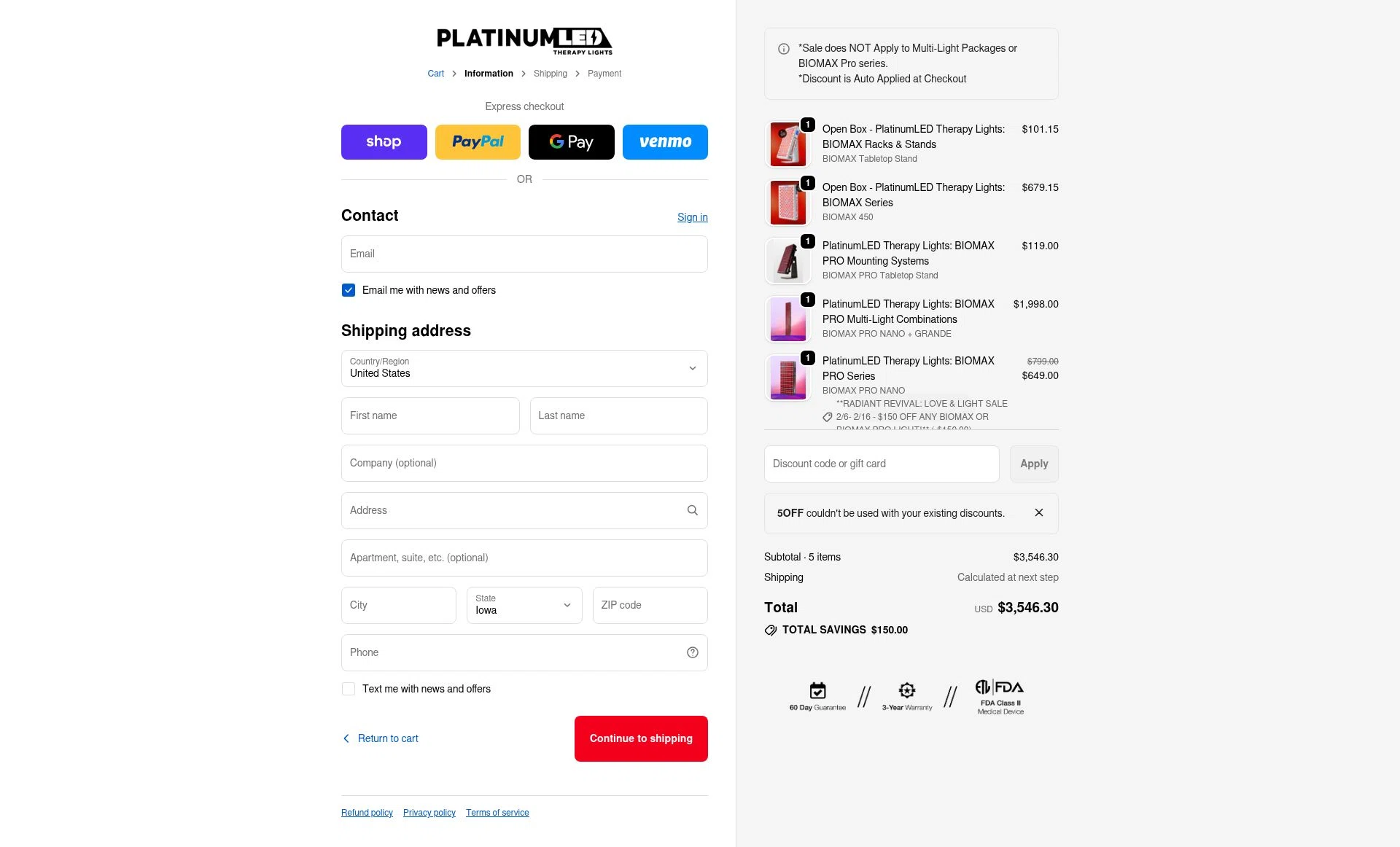 PlatinumLED Therapy Lights checkout page showing PlatinumLED Therapy Lights promo code box | Screenshot taken by SimplyCodes community member on Feb 14, 2026