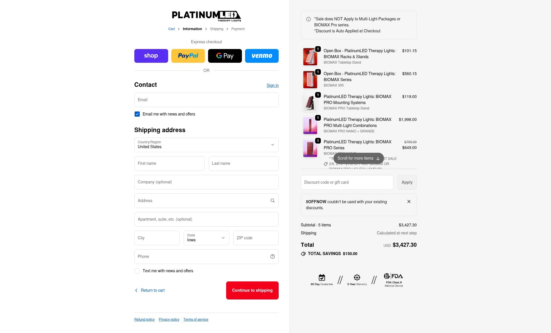 PlatinumLED Therapy Lights checkout page showing PlatinumLED Therapy Lights promo code box | Screenshot taken by SimplyCodes community member on Feb 11, 2026