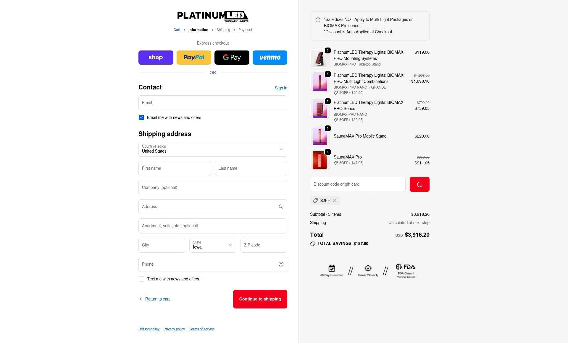 PlatinumLED Therapy Lights checkout page showing PlatinumLED Therapy Lights promo code box | Screenshot taken by SimplyCodes community member on Feb 3, 2026