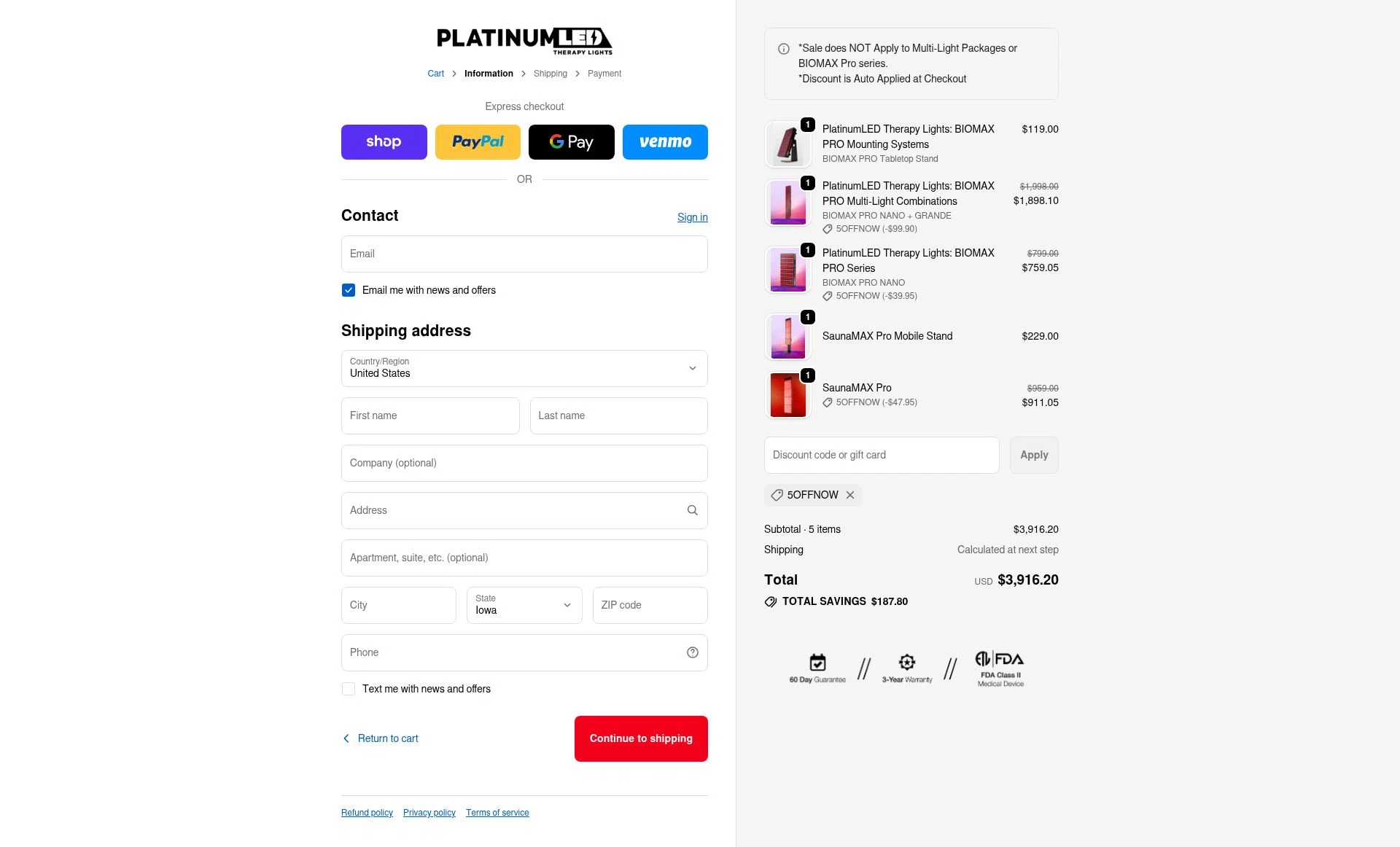 PlatinumLED Therapy Lights checkout page showing PlatinumLED Therapy Lights promo code box | Screenshot taken by SimplyCodes community member on Feb 7, 2026