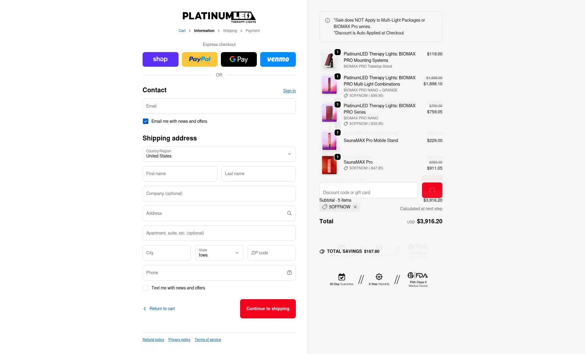 PlatinumLED Therapy Lights checkout page showing PlatinumLED Therapy Lights promo code box | Screenshot taken by SimplyCodes community member on Feb 3, 2026