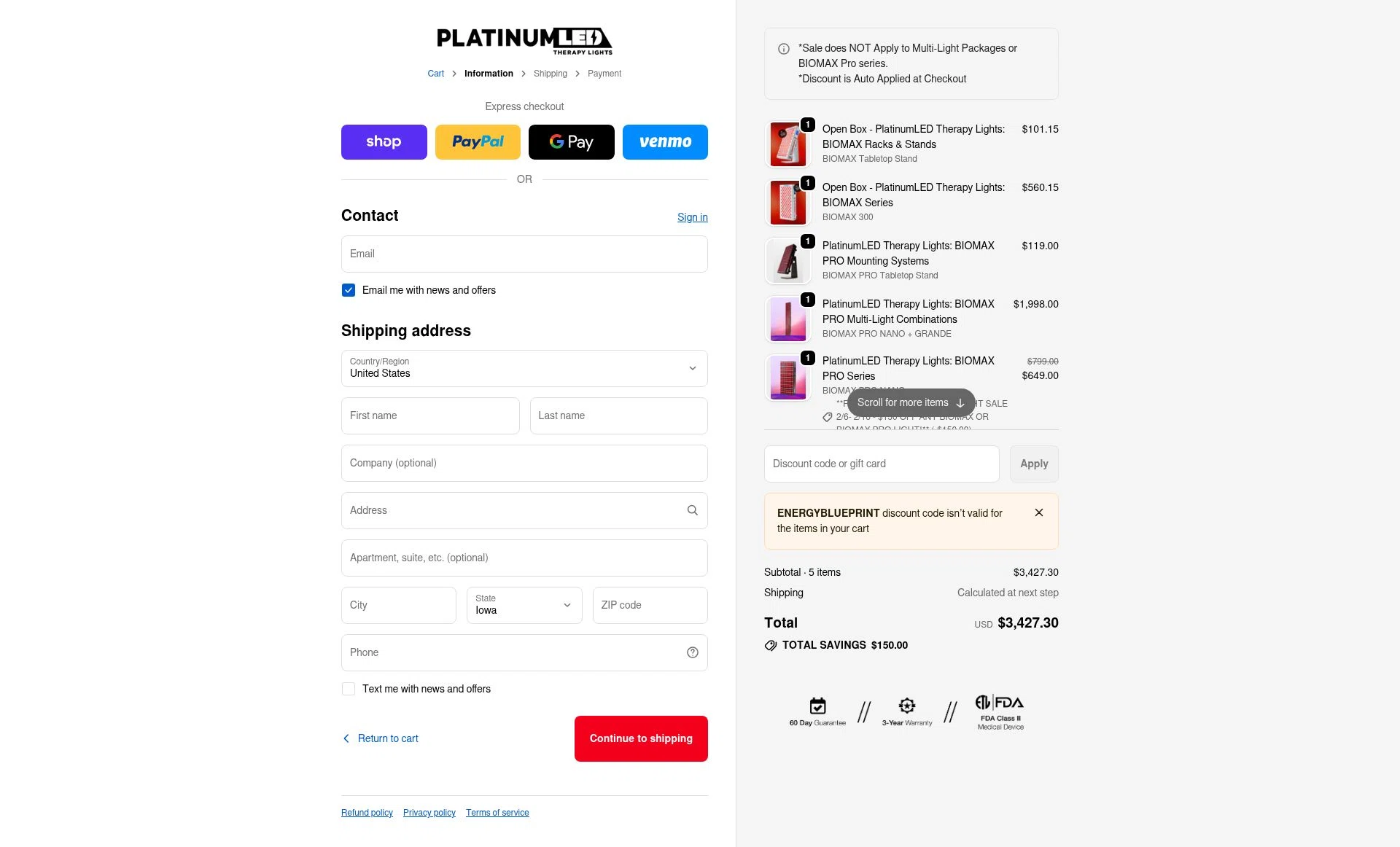 PlatinumLED Therapy Lights checkout page showing PlatinumLED Therapy Lights promo code box | Screenshot taken by SimplyCodes community member on Feb 11, 2026